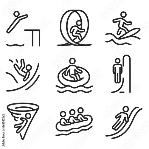 Water Park and Extreme Water Slide Line Art Icons Set