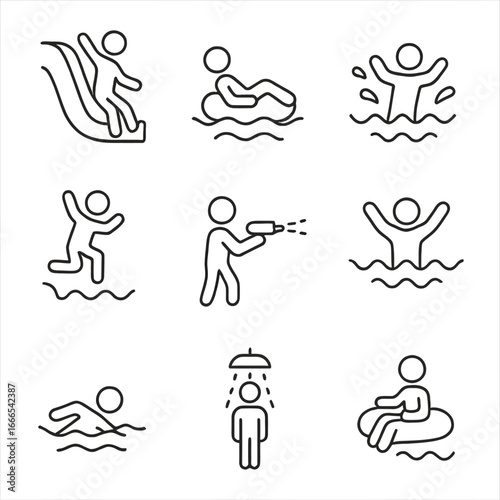 Water Park Activities Line Art Icons Set