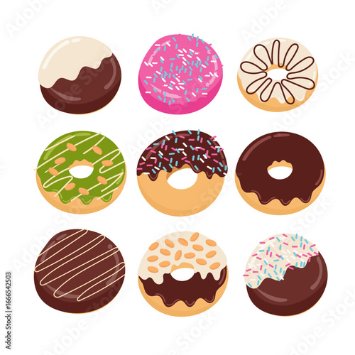 Set Of 9 Colorful Donuts with Toppings