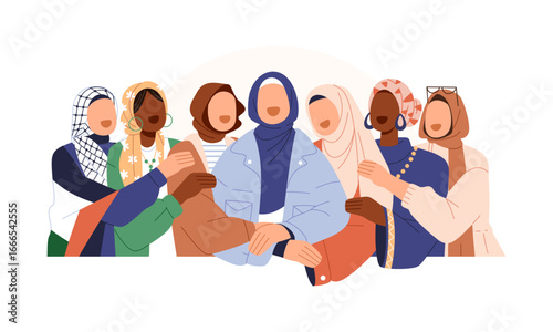 Diverse Muslim women in hijab embracing together. Unity and friendship women group in solidarity. Flat vector in cartoon style illustration isolated on white background
