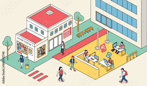 Isometric view of university life in a modern design style