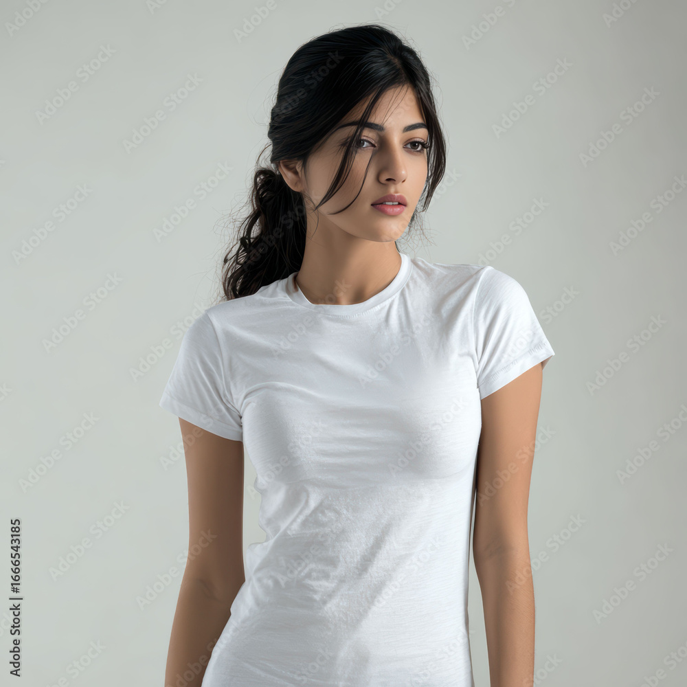 The clean white t-shirt on a Caucasian woman against a bright background provides a versatile base for print-on-demand and branding. The clean white t-shirt on a Caucasian woman against a bright background provides a versatile base for print-on-demand and branding.