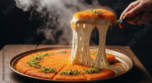 Authentic Levantine knafeh dessert with a dramatic melted cheese pull