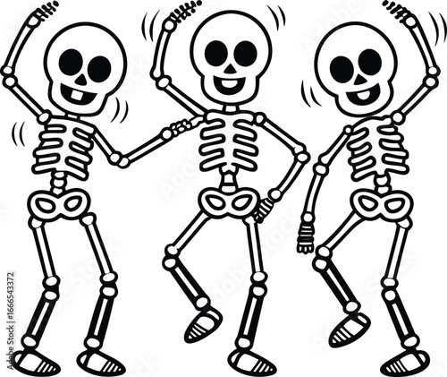 Three cartoon skeletons dancing with joy and enthusiasm in a playful and lively halloween scene