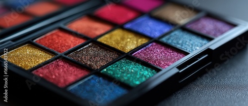 Close up of a vibrant and glittery eyeshadow palette with a variety of colors for makeup looks