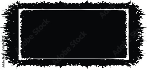 Grunge distressed black rectangle border with splatter effect isolated on white background