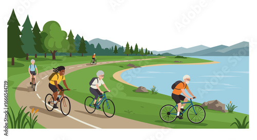 Active seniors biking on scenic lakeside trail surrounded by nature