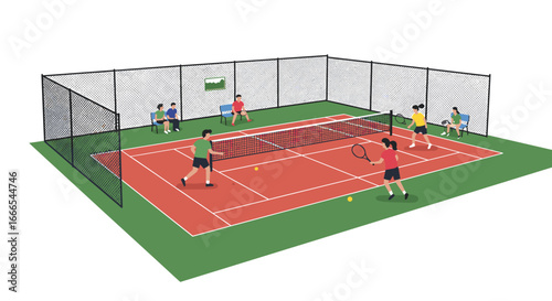 Isometric tennis court with players and spectators in action