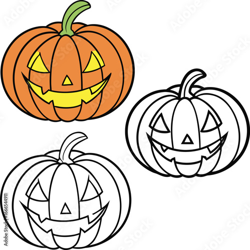 Illustration of three halloween pumpkins with different styles and facial expressions displayed nicely