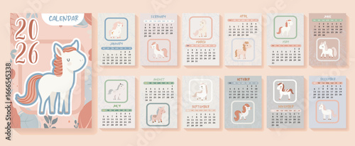 Horses, white horse calendar or A4 planner for 2026 with cartoon chinese simbol, New Year symbol, cute hieroglyphs - cover and 12 monthly pages. Week starts on Sunday, vector printable template.
