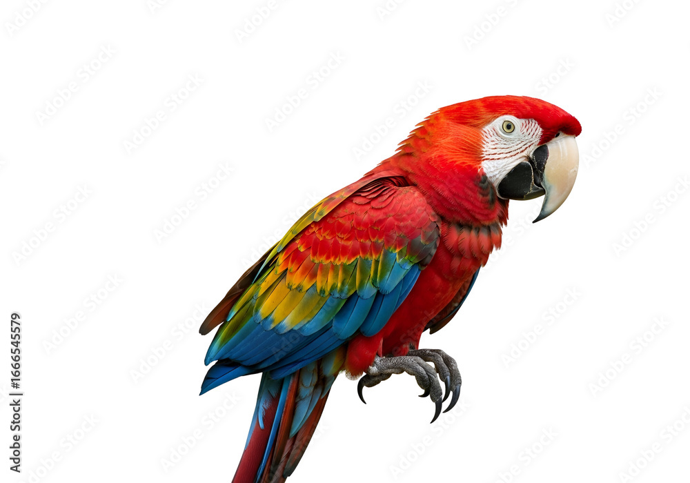 Fototapeta premium A vibrant scarlet macaw, with multicolored feathers, is presented against a stark black background.
