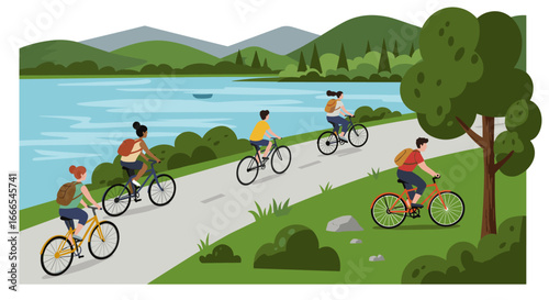 Cyclists enjoying scenic lake ride in lush green landscape with rolling hills