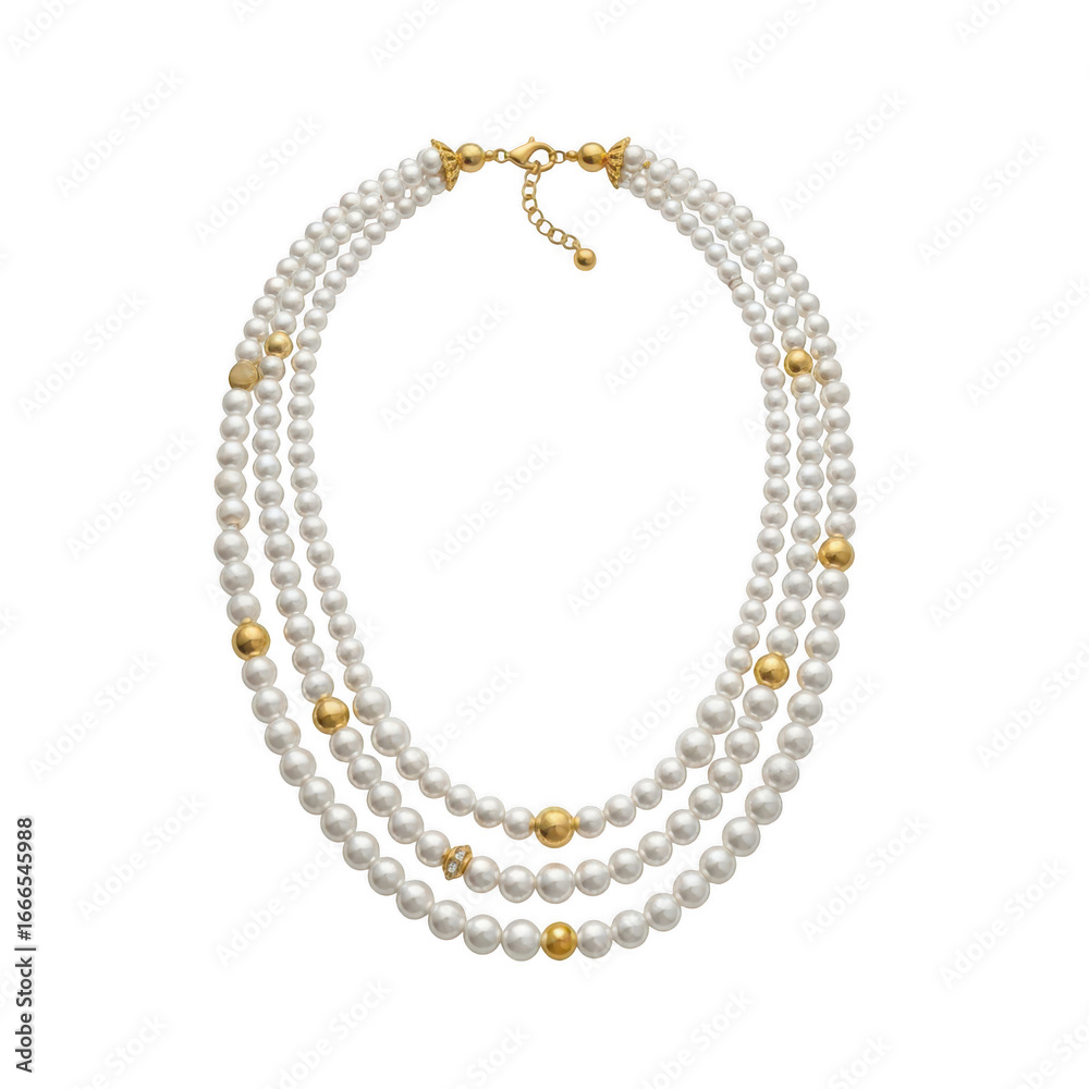 Fototapeta premium Elegant three strand white pearl necklace with gold accents isolated on transparent background