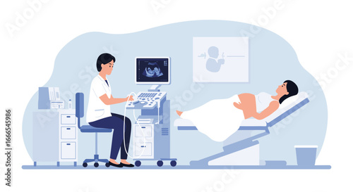 Ultrasound examination with doctor and pregnant woman in medical clinic