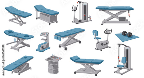 Modern gym and rehab equipment collection for fitness and therapy