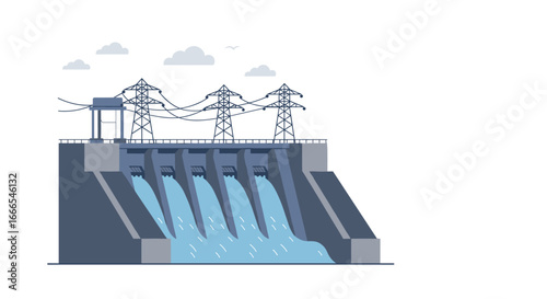 Hydroelectric dam with flowing water and power lines in minimalist style