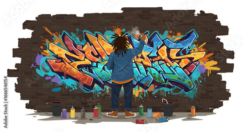 Urban graffiti artwork featuring vibrant colors and dynamic street style on a brick wall