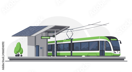 Modern green tram at eco-friendly urban station with solar panels and trees