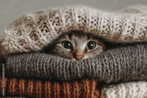 Tabby cat hiding under warm blanket at home. Cute pet. Hide and seek. Furry cat nestling between soft knitted sweaters, relaxing in comfortable hiding spot. Feline muzzle peeks out from under blanket