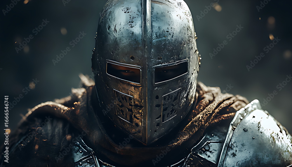 Fototapeta premium Close-up Portrait of Medieval Knight in Shining Armor, Stoic and Ready
