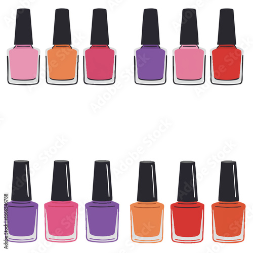 A vibrant line of small, colorful nail polish bottles is presented in a minimalist 2D flat vector illustration with clean lines and solid colors, isolated on a clean white background.