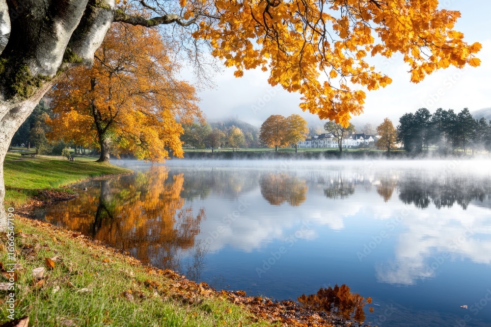 Tranquil autumn landscape with vibrant foliage reflected in misty lake Tranquil autumn landscape with vibrant foliage reflected in misty lake