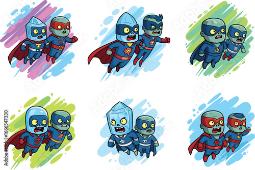 Cartoon zombie superhero character set, creepy undead heroes flying in action poses, scary comic expressions, fantasy monster vector illustration, colorful background