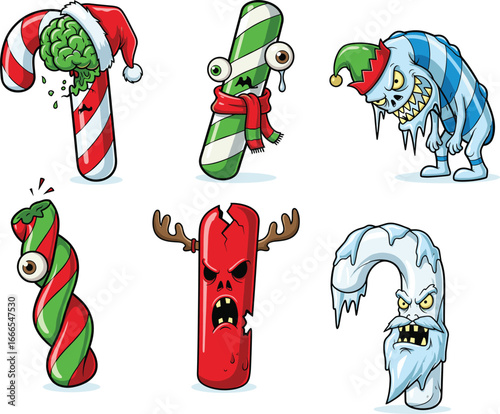 Creepy Christmas candy cane monster characters set, scary holiday sweets with eyes, brains, icicles, and angry faces, cartoon vector illustration