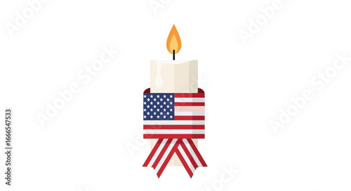 Lit candle adorned with an American flag ribbon, symbolizing remembrance or patriotism.