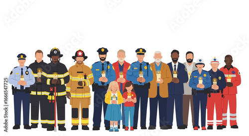 A diverse group of uniformed professionals, including police officers, firefighters, and paramedics, stand together with civilians, holding candles in a show...