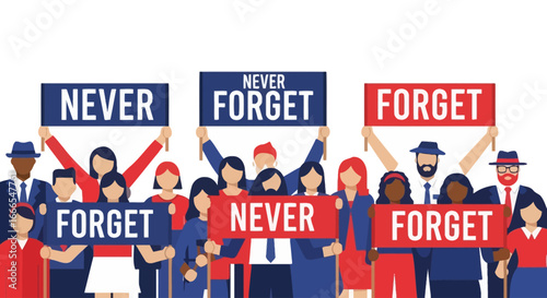 A diverse group of people holding signs that say "Never Forget" and "Forget" in red, white, and blue, expressing remembrance or a call to action.