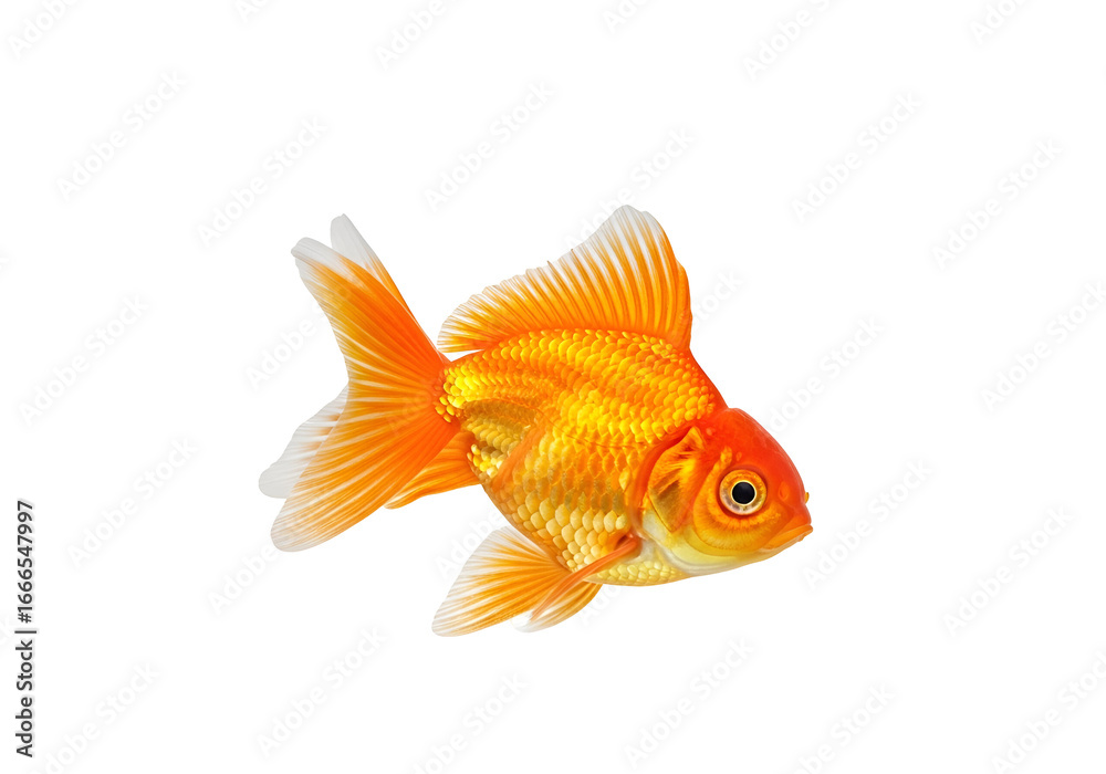 Fototapeta premium Vivid orange and white goldfish against a striking black background.