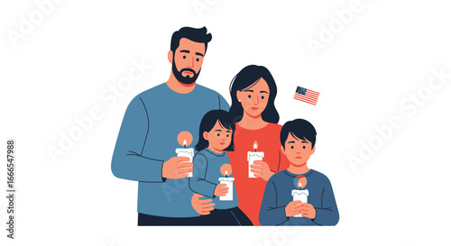 A somber family stands together, holding lit candles, with an American flag in the background, expressing grief.