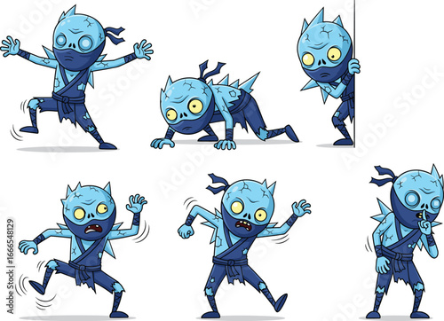 Zombie ninja cartoon character set in various poses, creepy undead martial artist illustration, spooky Halloween stealth assassin with blue skin, vector art