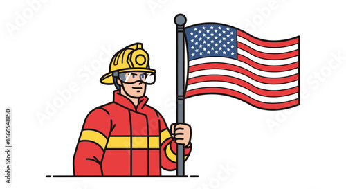 An American firefighter in uniform and protective gear proudly holds the waving United States flag.