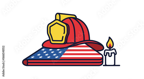 A tribute to fallen American firefighters with a helmet on a folded US flag and a memorial candle.