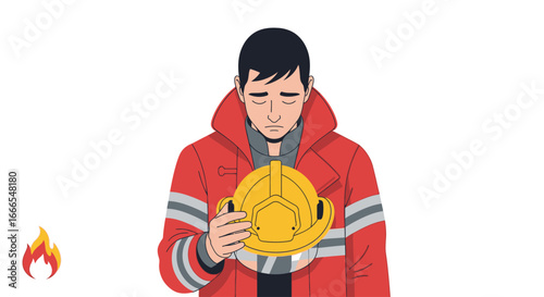 A solemn firefighter in a red uniform holds his yellow helmet with a sad, mournful expression.