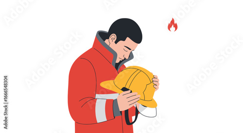 A somber firefighter in a red uniform bows his head in respect, holding his yellow helmet.