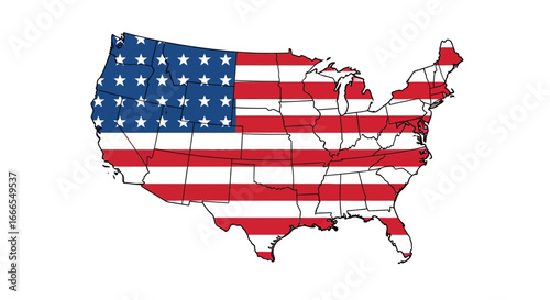 A stylized map of the United States of America, overlaid with the iconic stars and stripes of the American flag, representing national identity and geography.