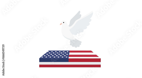 White dove flying above a coffin draped with the American flag, symbolizing peace and remembrance.