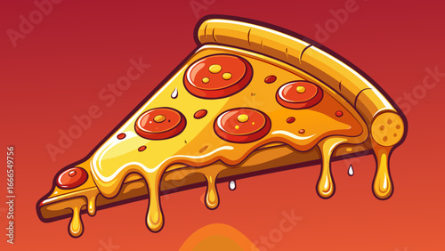 Single slice of pizza glistens with melted cheesy cheese, timeless icon of comfort food, glowing warmth illustrated semi-realistically, abstract balance of flavor, geometry, and inviting everyday beau