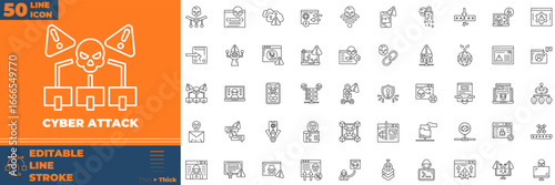 Collection of Cyber Attack Line icons. Containing attack, hacker, fraud and more