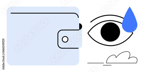 Wallet next to an eye with a teardrop and cloud line symbolizing financial stress, emotional burden, and personal loss. Ideal for finance, mental health, economy, insurance, business risk, debt