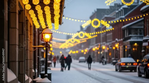 A charming winter street scene glows with festive holiday lights and falling snow, illuminating buildings and people walking along the sidewalk