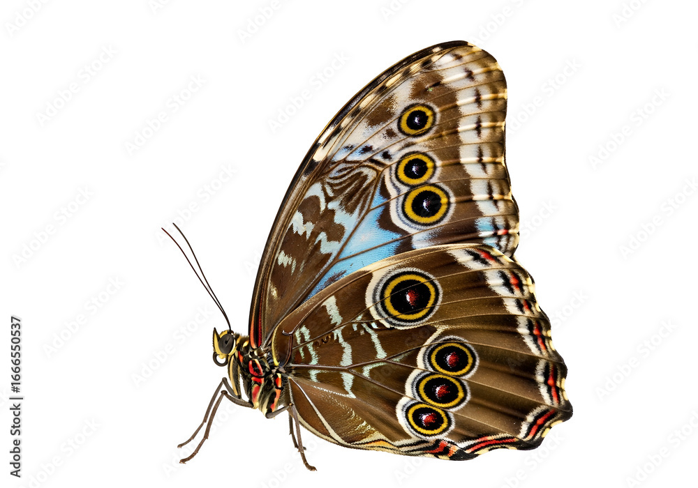 Naklejka premium A detailed close-up view of a vibrant butterfly with intricate wing patterns against a dark background.