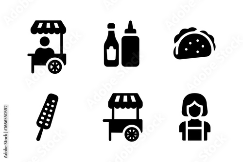 Street food silhouettes: iconic snacks and vendors in bold black silhouette style