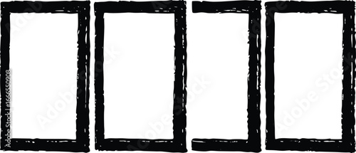 Four vertical grunge distressed rectangular frames in a row, providing blank space for design elements and graphic illustrations