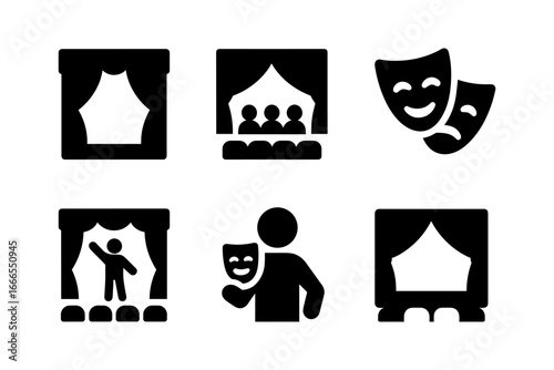 Theater icons set: masks, stages, and performers in silhouette style