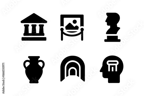 Minimalist museum icons: ancient architecture, artifacts, and sculptures