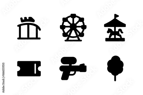 Silhouette amusement park icons: rides, tickets, and fun elements